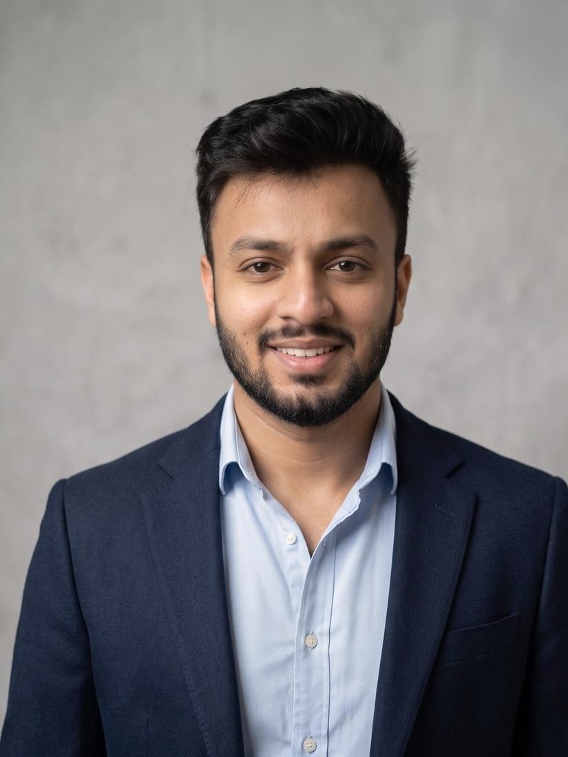 Usama, founder of Remote Bookkeepers, smiling in a navy blazer against a grey studio wall